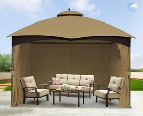 SCOCANOPY beige gazebo dimension reference on a shade panel.