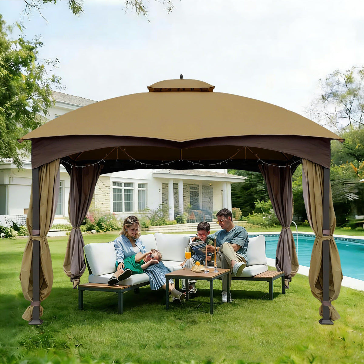SCOCANOPY beige replacement cover for Lowe's Allen Roth 10x12 gazebo, rear view, weather-ready design