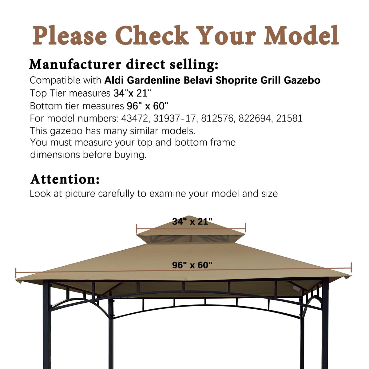 SCOCANOPY replacement top for grill gazebo, big 96x60, khaki, waterproof cover for outdoor dining