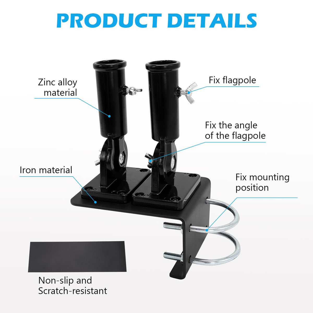 Scottchen PRO clamp highlights rust‑resistant hardware for outdoor use.