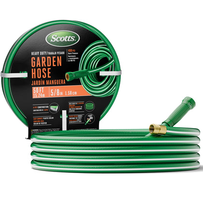 Scotts 50ft garden hose with crush-resistant couplings for secure outdoor connections.