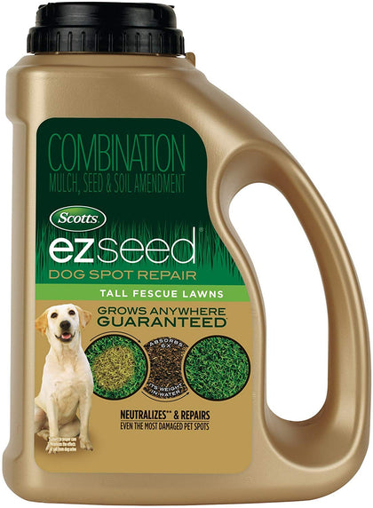 Scotts EZ Seed Dog Spot Repair tall fescue patch kit restores urine-damaged lawn.