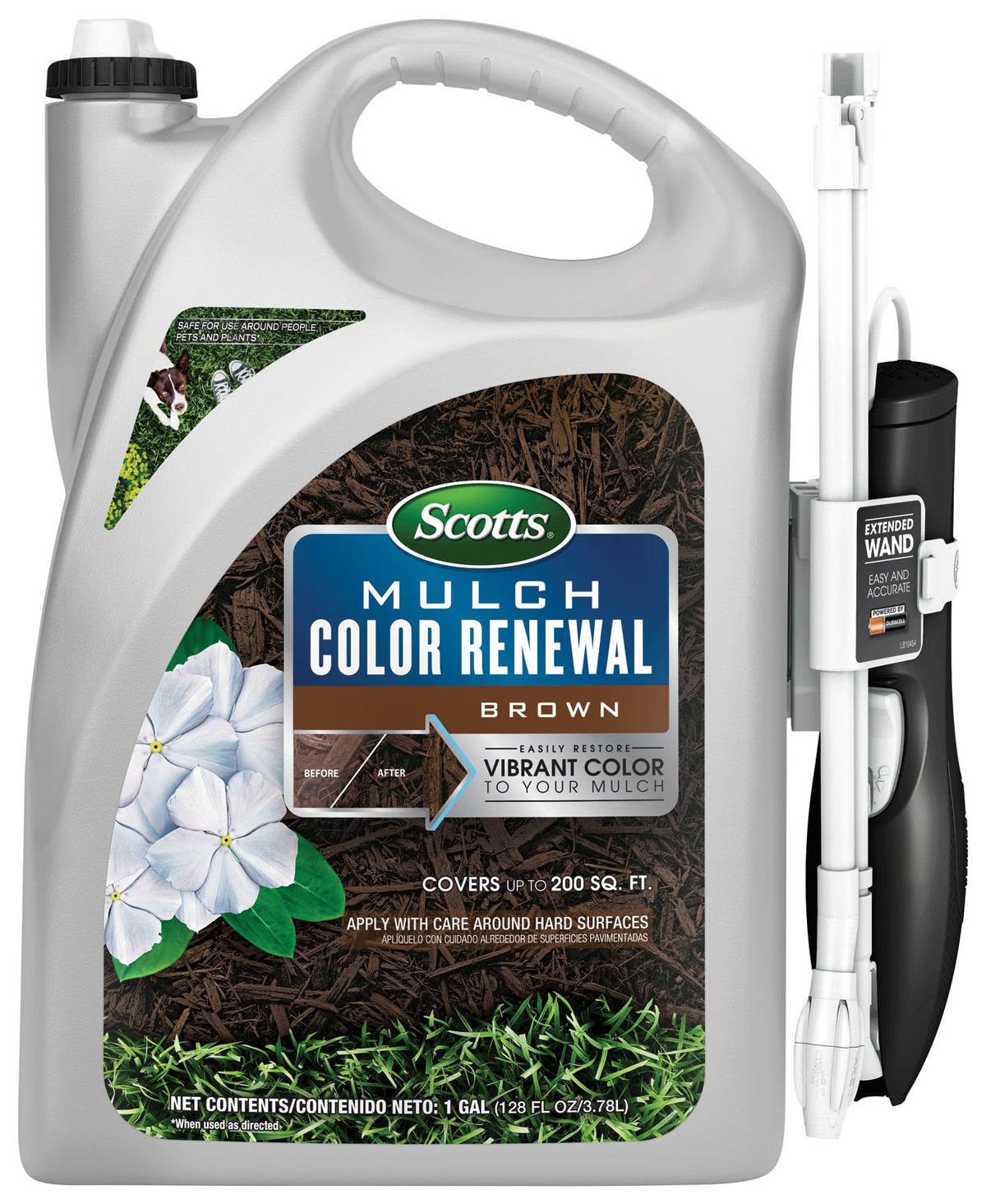 Scotts Mulch Color Renewal Brown bottle refreshing faded mulch color.