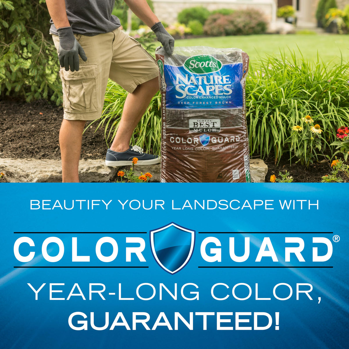 Scotts Nature Scapes mulch around vegetable beds supports moisture and aesthetics.