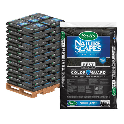 Scotts Nature Scapes Classic Black mulch on a pallet adds rich color to large landscapes