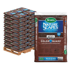 Scotts Nature Scapes color enhanced mulch in deep forest brown bag adds lasting color and texture.