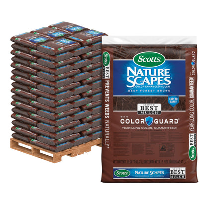 Scotts Nature Scapes color enhanced mulch in deep forest brown bag adds lasting color and texture.