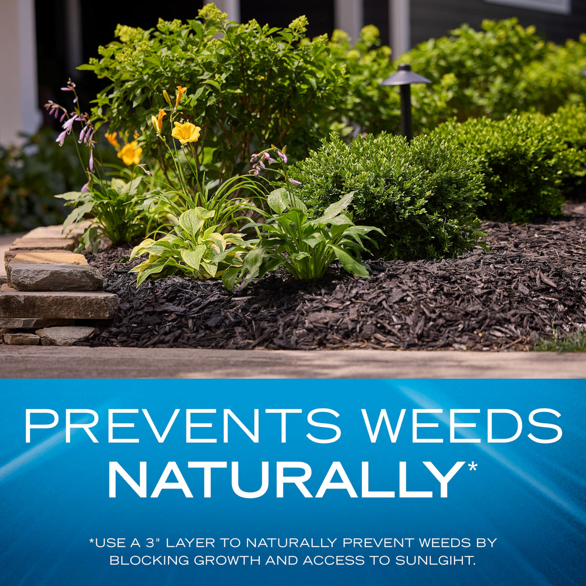 Scotts Nature Scapes mulch applied in garden bed demonstrates weed suppression.