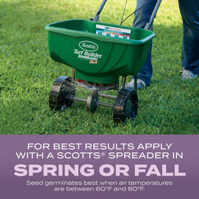 Scotts spreader tool beside seed bag shows proper application settings.