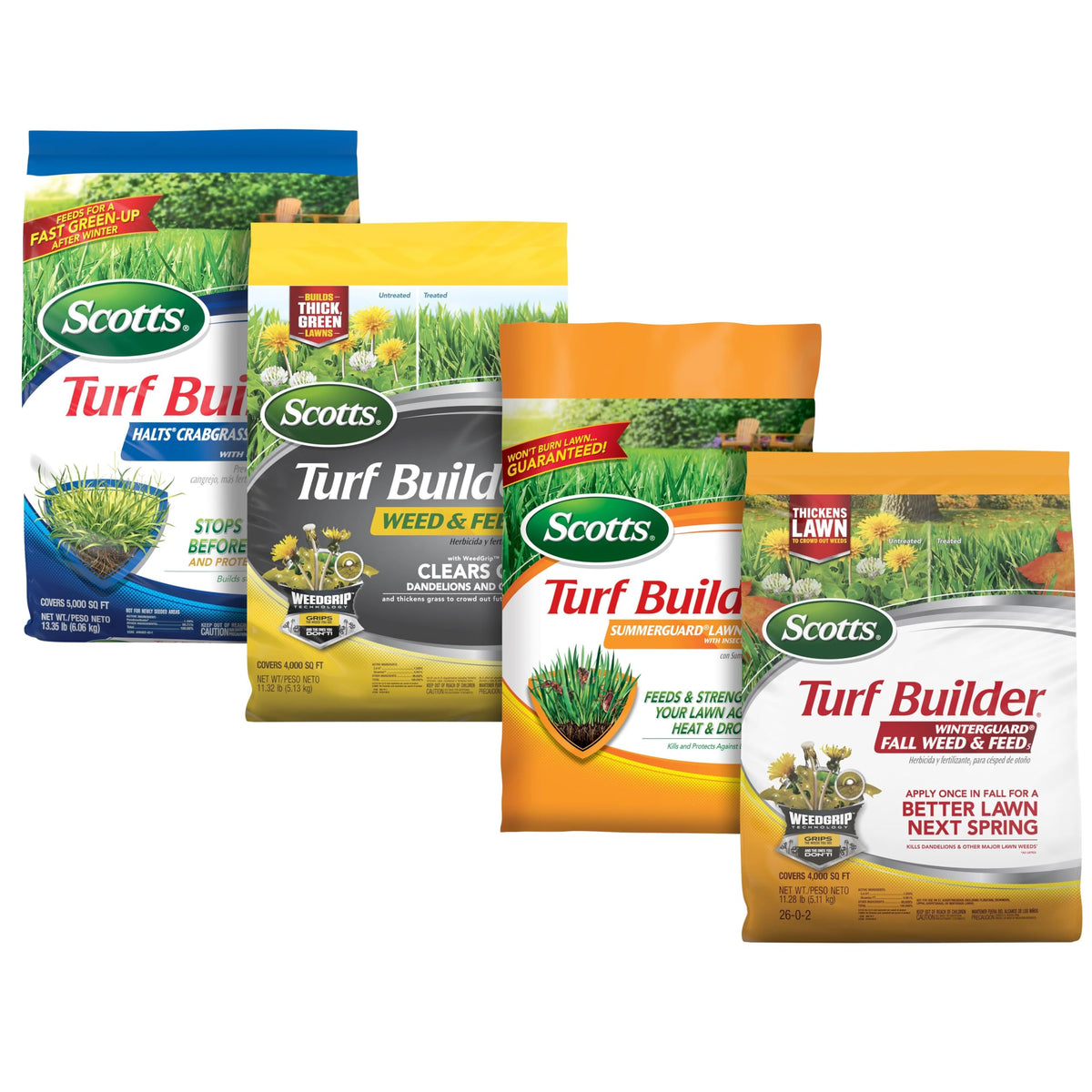 Scotts Turf Builder 4-Bag Bundle for small lawns shows crabgrass barrier and year-round nourishment