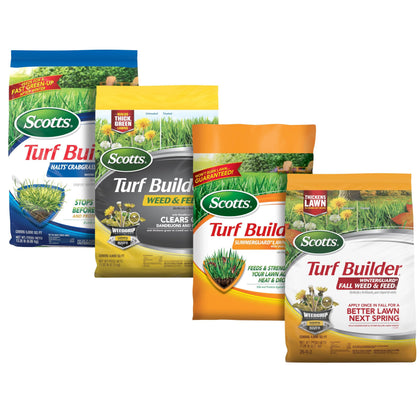 Scotts Turf Builder 4-Bag Bundle for small lawns shows crabgrass barrier and year-round nourishment