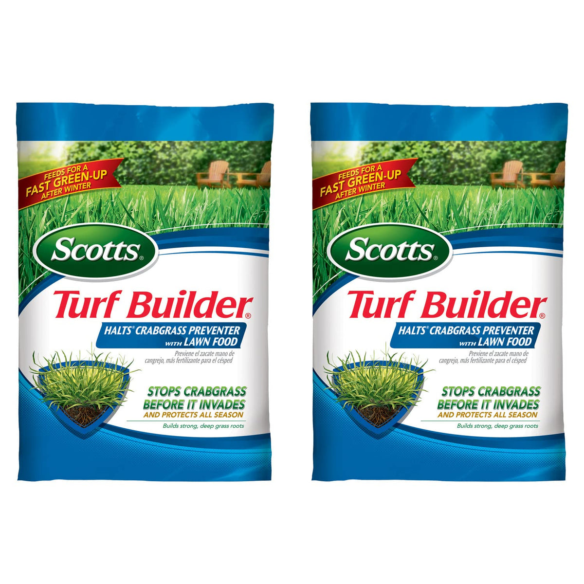 Scotts Turf Builder Halts Crabgrass bag shown ready to protect and feed the lawn