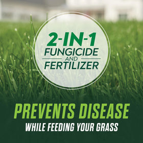 Close up of the 2-in-1 fungicide and fertilizer label on Scotts Healthy Plus for disease prevention.