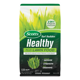 Scotts Turf Builder Healthy Plus lawn fertilizer bag showing 8,000 sq ft coverage for healthier grass.