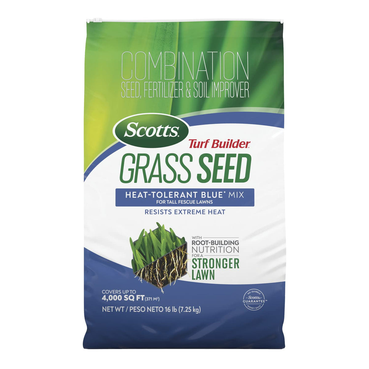 Scotts Turf Builder Heat-Tolerant Blue Mix bag ready for seeding and lawn transformation.
