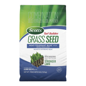 Scotts Turf Builder Heat-Tolerant Blue Mix bag ready for seeding and lawn transformation.