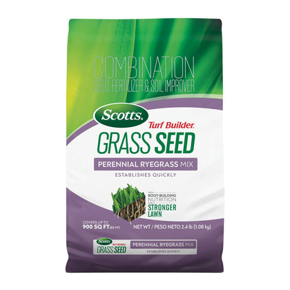 Scotts Turf Builder perennial ryegrass seed bag ready for planting to establish a new lawn.