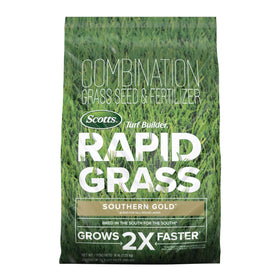 Scotts Turf Builder Rapid Grass Southern Gold Blend package highlights combined seed and fertilizer for fast lawn establishment