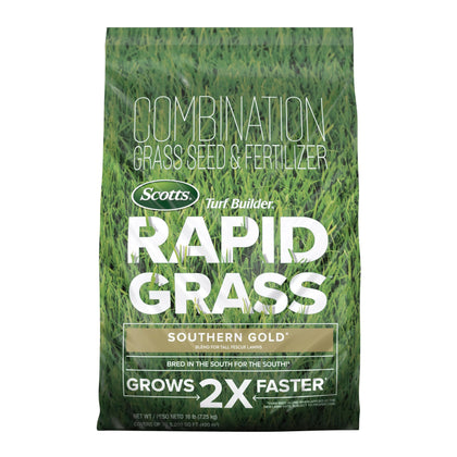 Scotts Turf Builder Rapid Grass Southern Gold Blend package highlights combined seed and fertilizer for fast lawn establishment