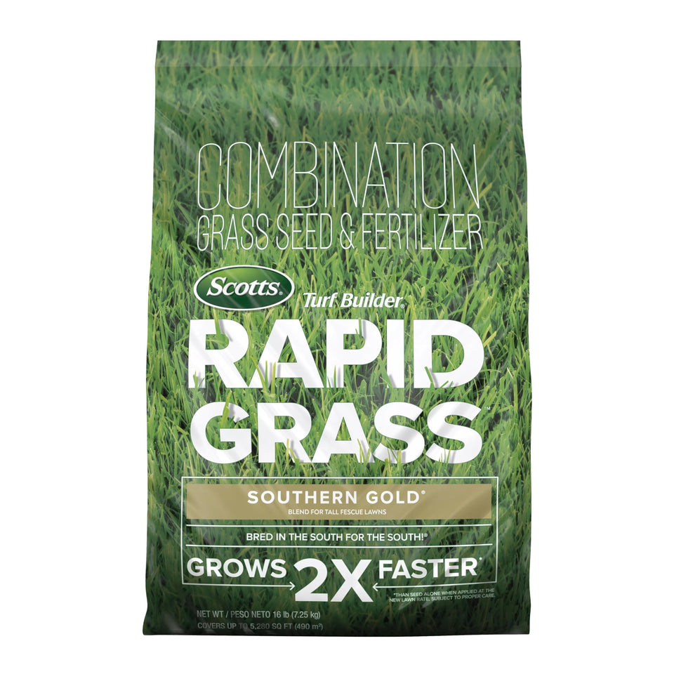 Scotts Turf Builder Rapid Grass Southern Gold Blend package highlights combined seed and fertilizer for fast lawn establishment