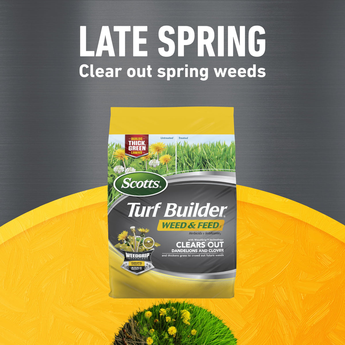 Scotts Turf Builder spring green-up visuals showing vibrant lawn growth