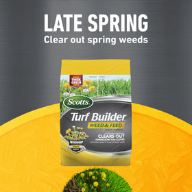 Scotts Turf Builder spring green-up visuals showing vibrant lawn growth
