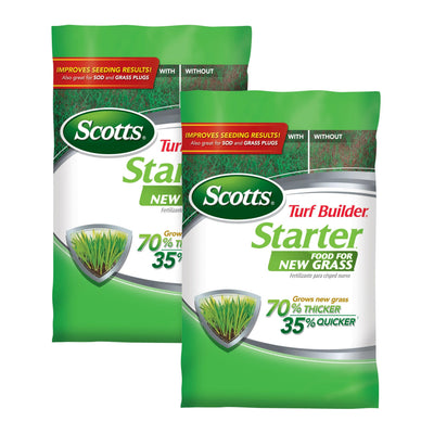 Scotts Turf Builder Starter Food for New Grass package front illustrates a ready-to-use lawn starter.