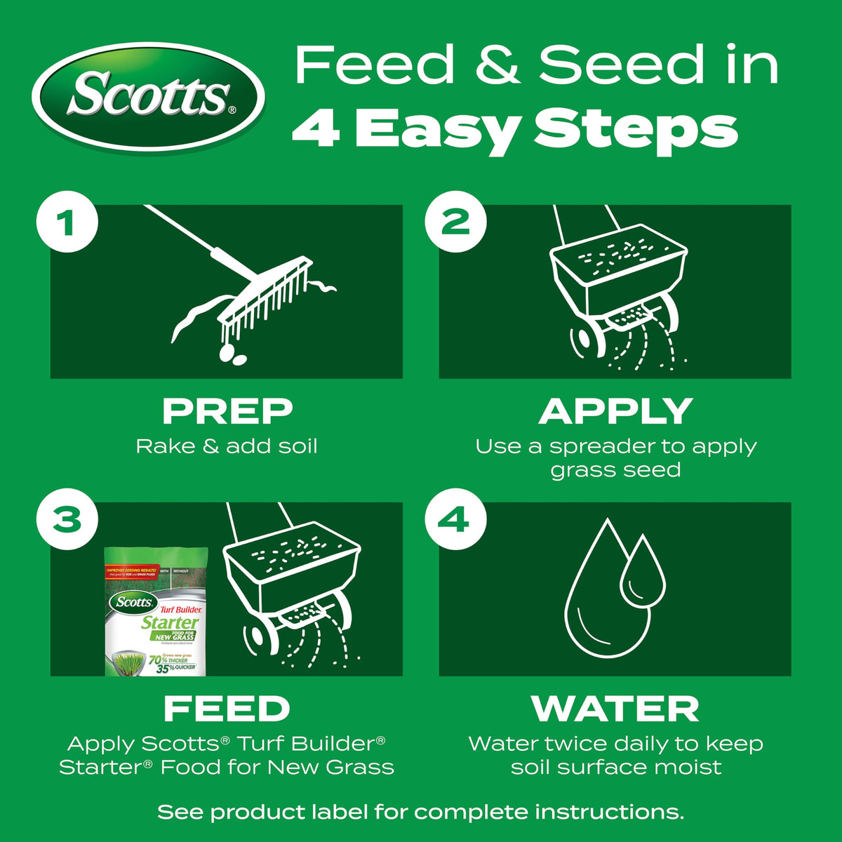 Scotts Turf Builder Starter Food promotes thicker, healthier grass as roots establish.