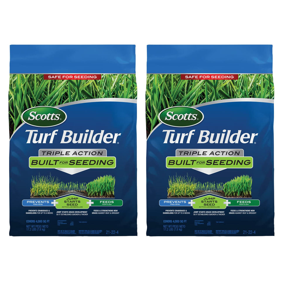 Scotts Turf Builder Triple Action built-for-seeding bag front view jump-starts seed development for quicker establishment.