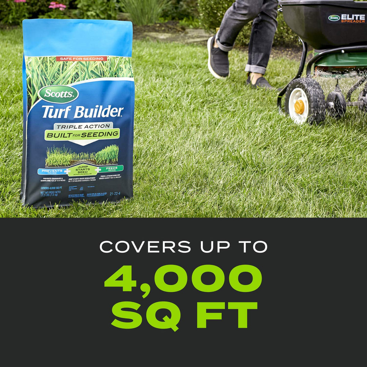 Scotts Turf Builder Triple Action 4,000 sq ft per-bag image highlights broad coverage for seeding.