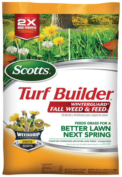 Scotts Turf Builder WinterGuard Fall Weed & Feed3 bag highlights weed control and fall fertilization.