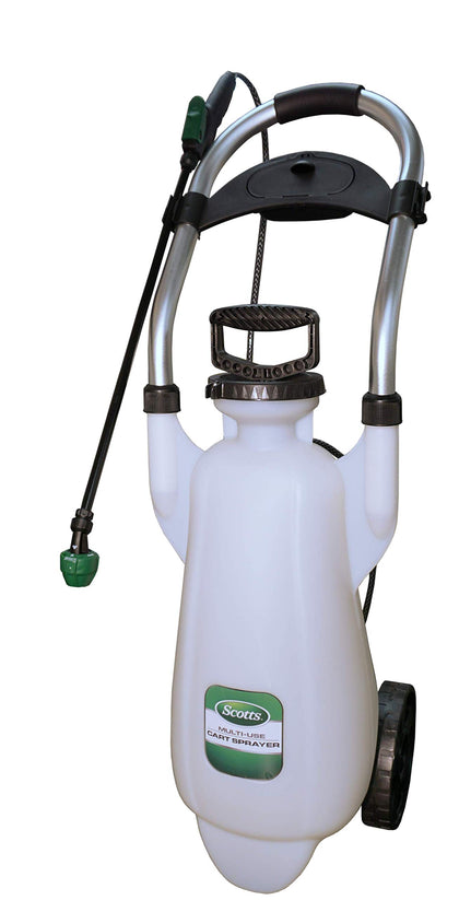 Scotts wheeled cart sprayer with manual pump, 3-gallon white, ideal for yard spraying.