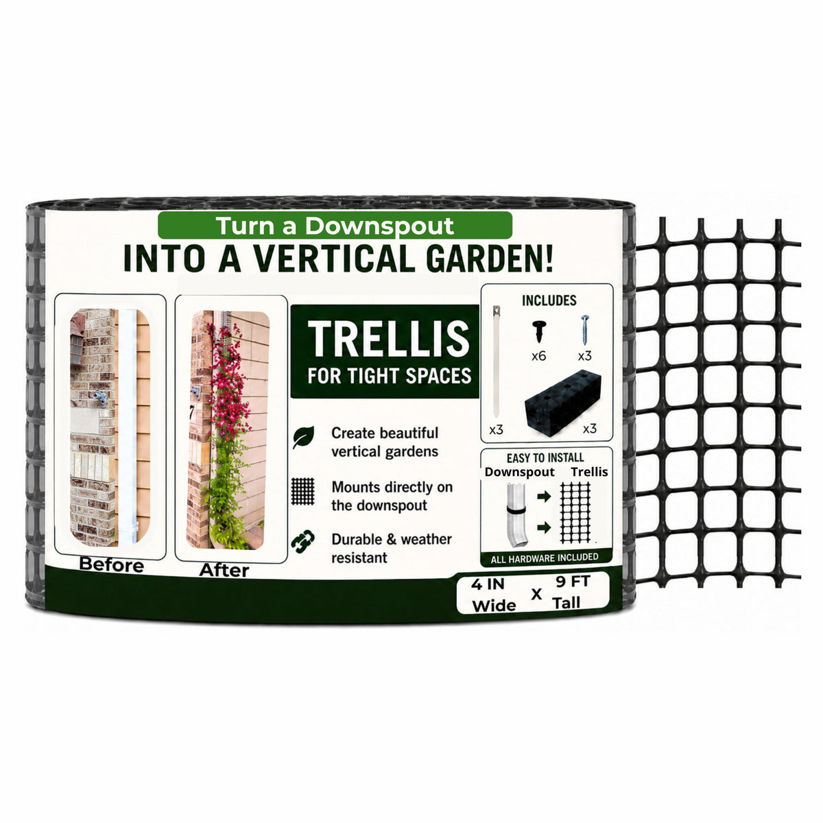 Scroll Trellis nine-foot mesh panel on a downspout supports vertical greenery.
