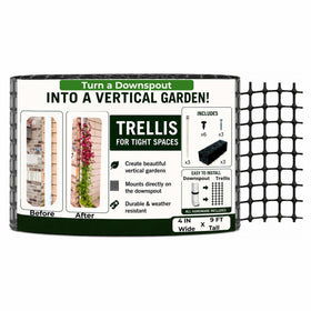 Scroll Trellis nine-foot mesh panel on a downspout supports vertical greenery.