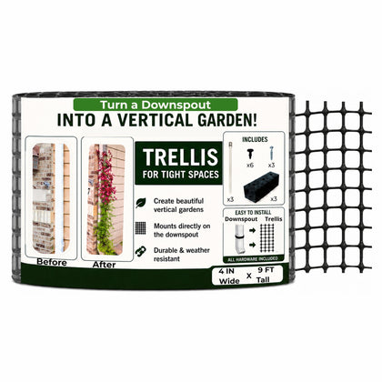 Scroll Trellis nine-foot mesh panel on a downspout supports vertical greenery.
