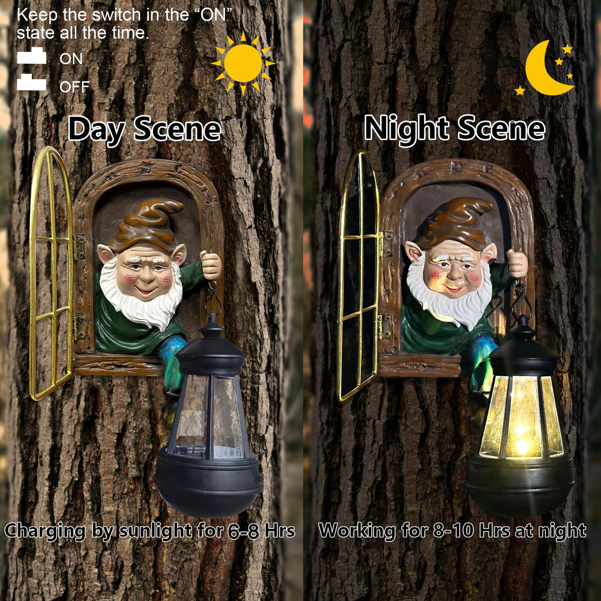 Scuyari fairy garden gnome peeking from a window lantern under dusk.