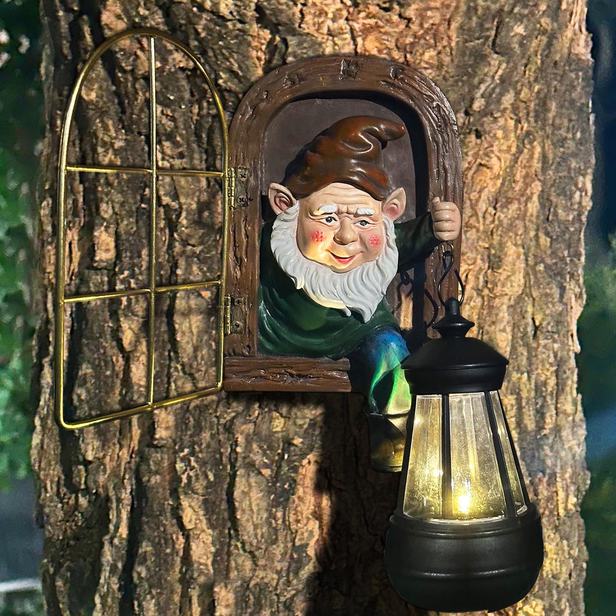 Scuyari porch decor gnome with lantern provides charming curb appeal.