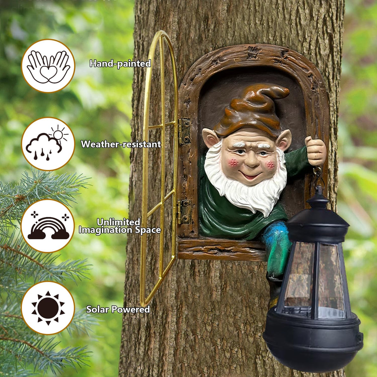 Scuyari weatherproof resin gnome withstands sun and rain with lasting color.