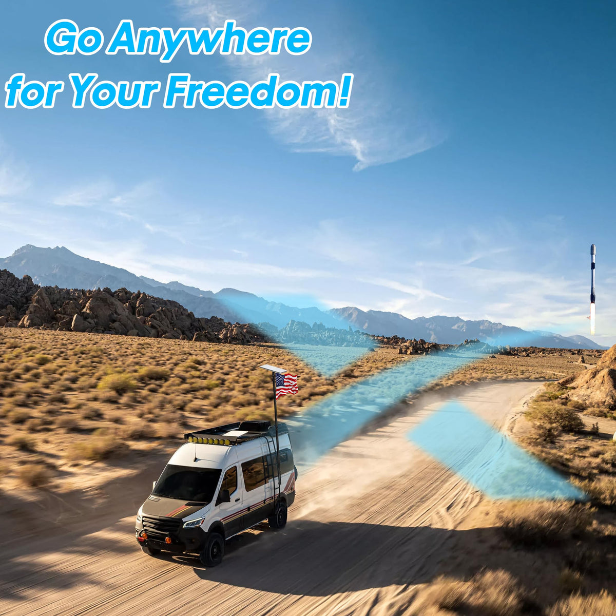 SCWN outdoor setup supports dual flag display and internet access while parked.