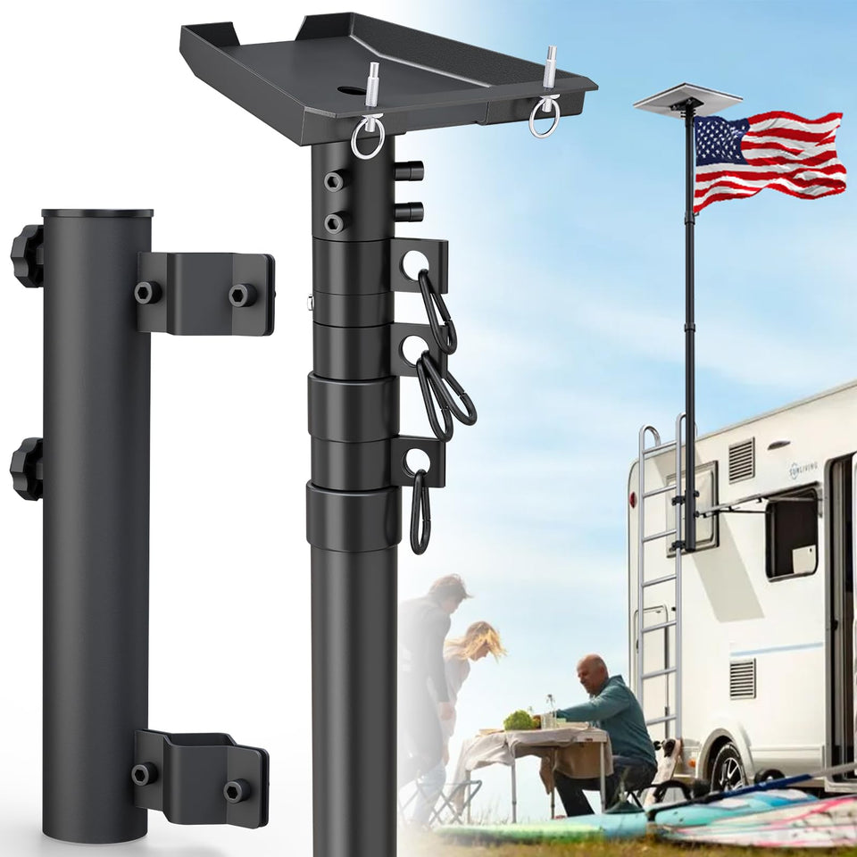 SCWN RV flag pole with holder extended to 10 ft, ideal for camping or tailgating.