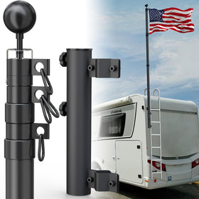 SCWN RV flag pole with holder mounted on an RV ladder for secure outdoor display.