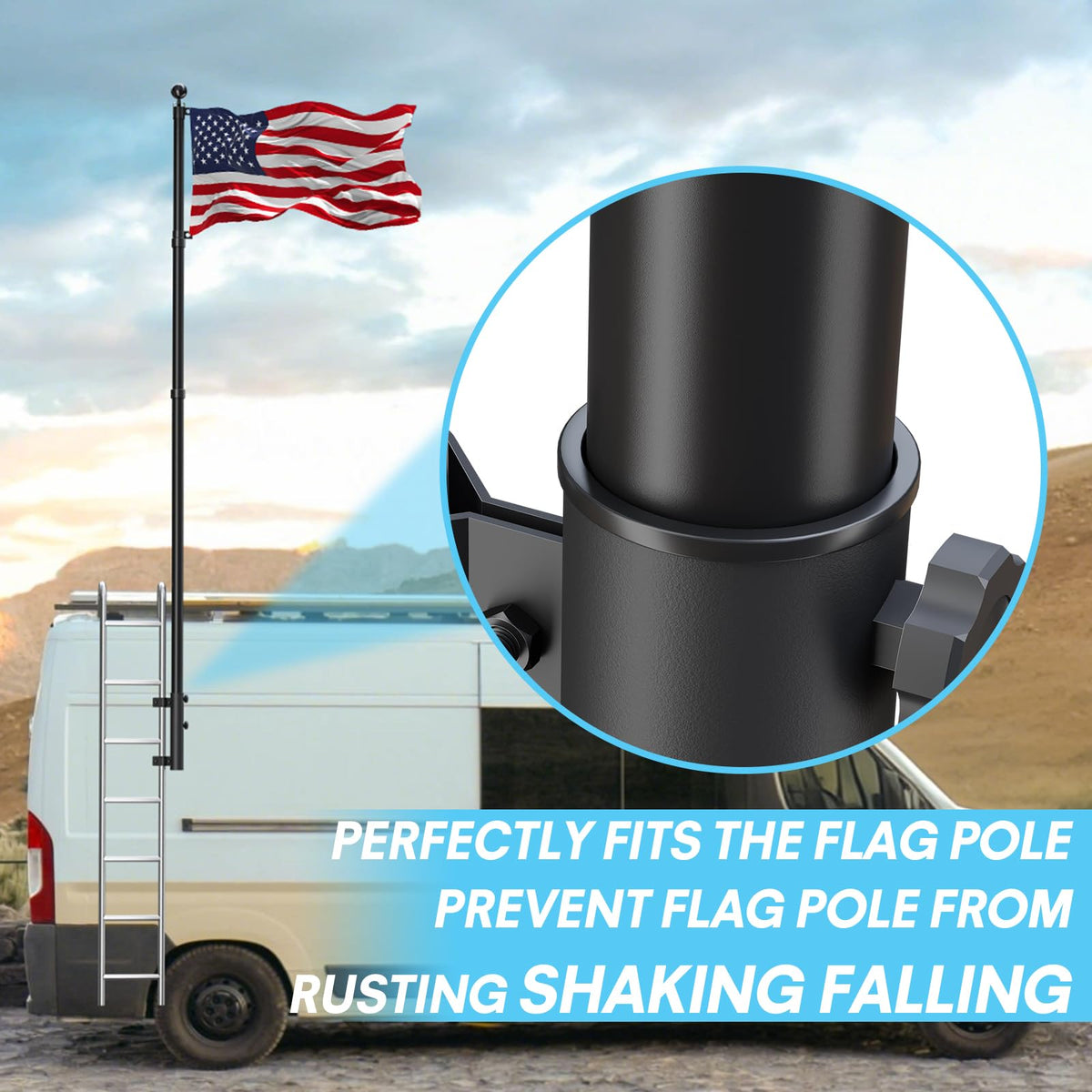 SCWN telescoping RV flag pole extended to reach desired height for visibility.