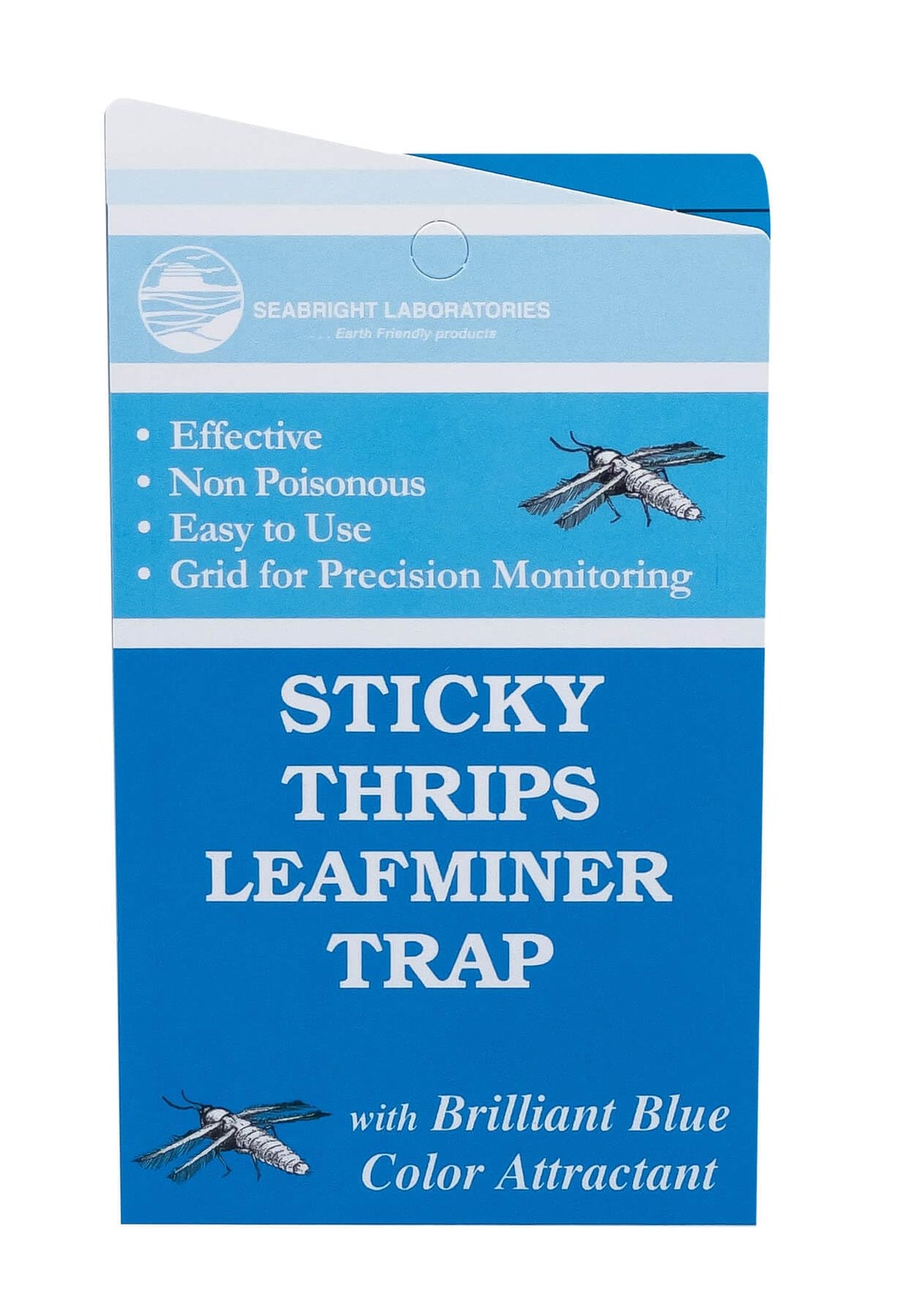 Seabright Laboratories blue sticky trap exposes precise monitoring for thrips and leafminers in greenhouses.