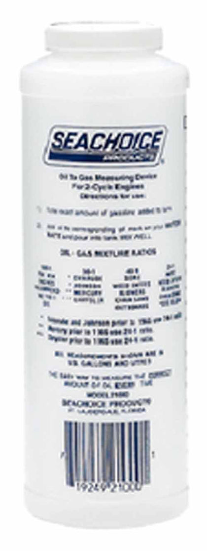 SEACHOICE 32 oz measuring container showing oil-to-gas ratios for 2-stroke engines.