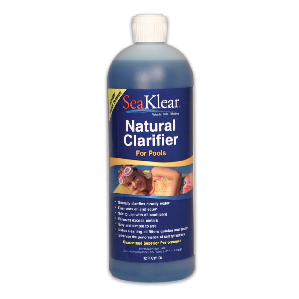 SeaKlear Chitosan Clarifier 1 qt bottle pouring, naturally clarifies water and reduces pool oils.