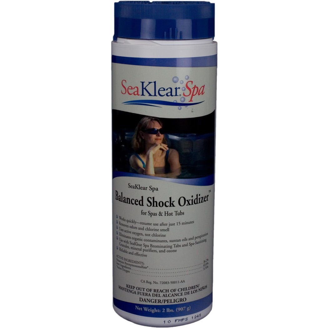 SeaKlear Spa Balanced Shock Oxidizer bottle reduces odors and chlorine smell for spa water.