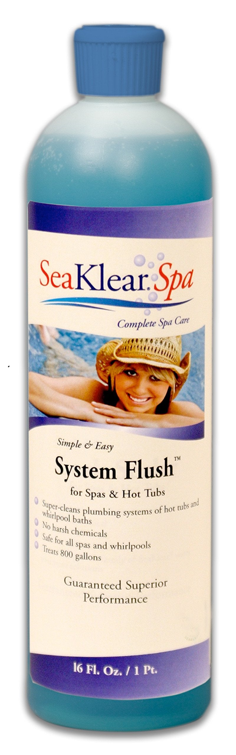 SeaKlear Spa System Flush 1-pint bottle for easy hot tub cleansing and deposit removal.