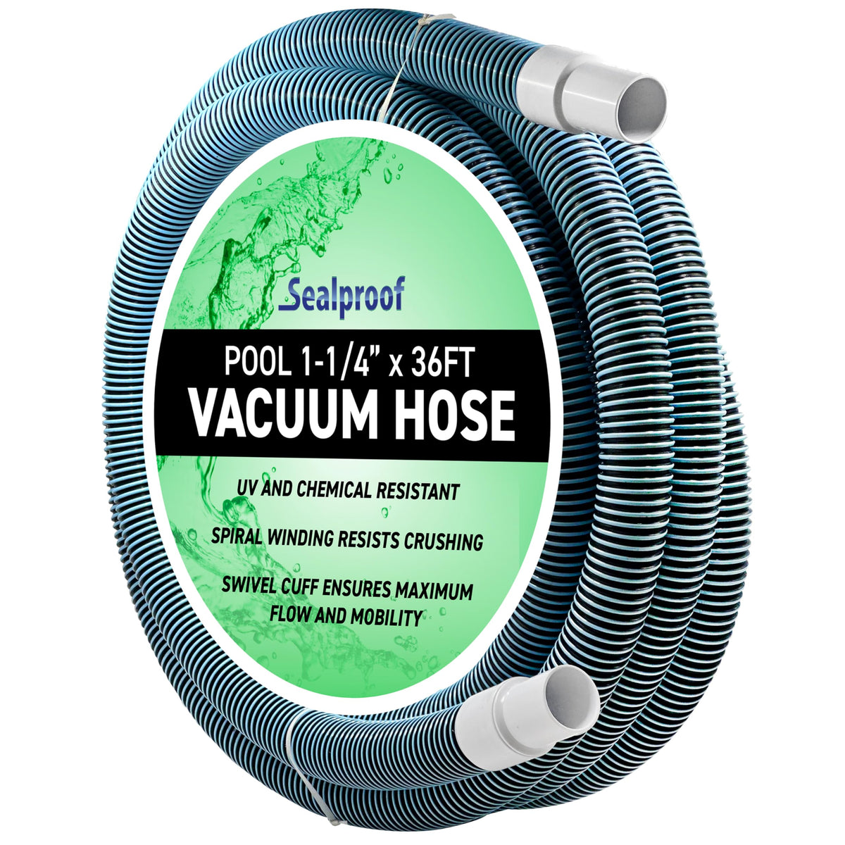 Sealproof swimming pool hose, 1-1/4 inch, 36 ft, kink-free cleaning for above-ground or in-ground pools.