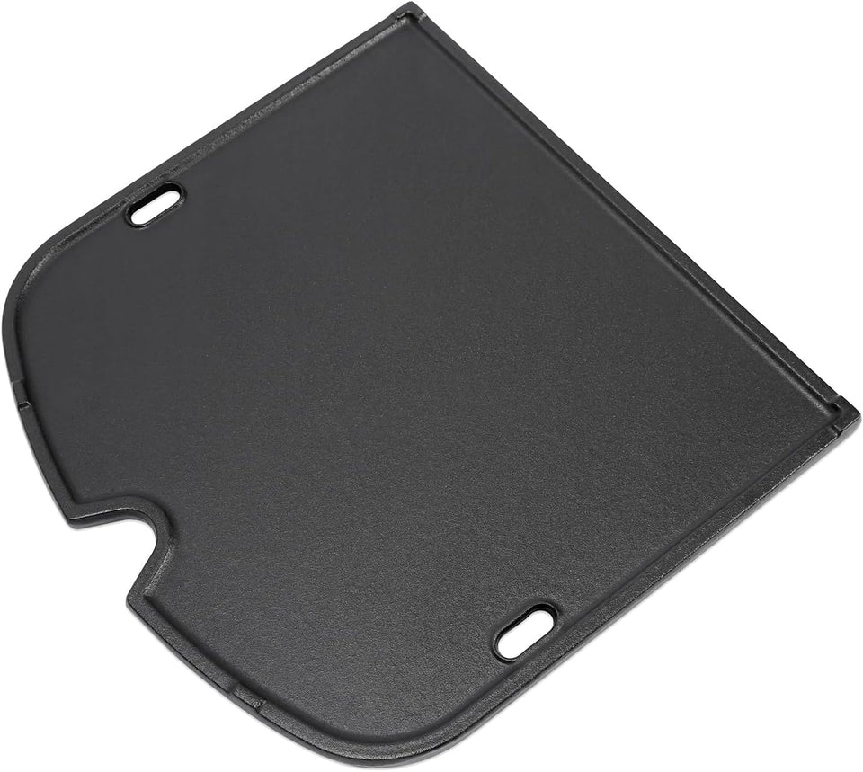 SearCook cast iron griddle for Weber Traveler compatibility, delivering even heat for breakfast.