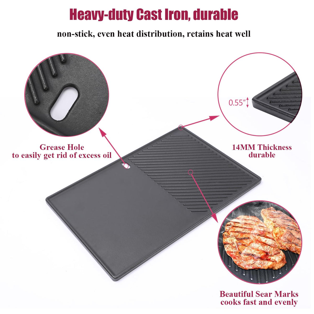 SearCook porcelain-coated surface prevents sticking and simplifies cleaning